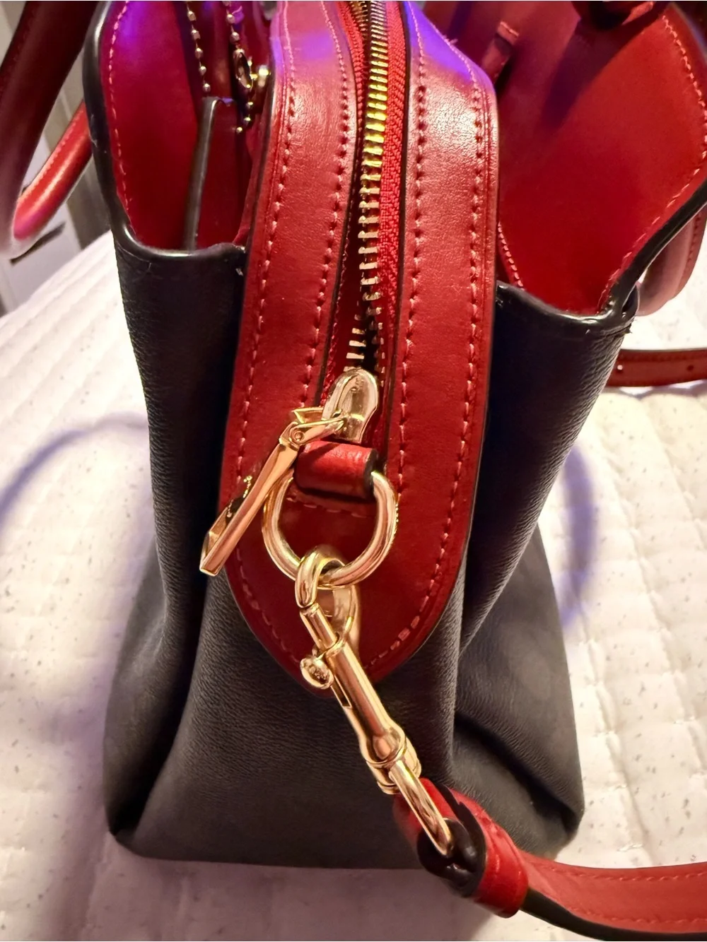 Coach Black Signature Satchel with Red Handles and Strap